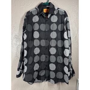 R. Lewis Black White Circle Polka-Dot Button Up Dress Shirt Mens Size Large